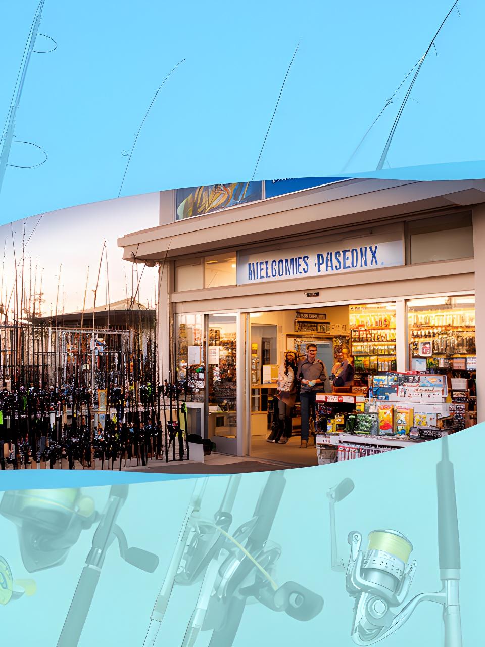 Storefront and team members standing outside a Phoenix fishing shop with rods, reels, and tackle displays