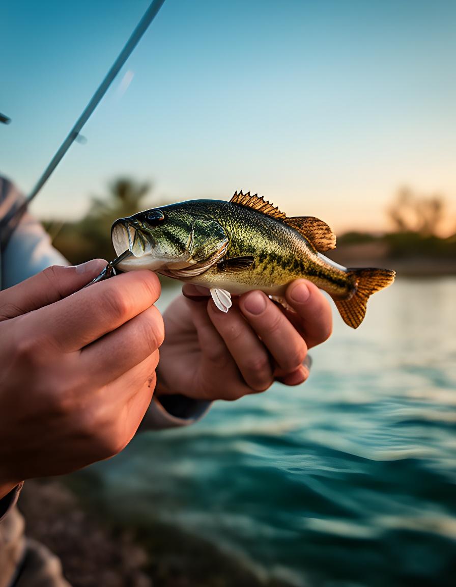 Angler holding a bass lure near a Phoenix lake shoreline at sunrise