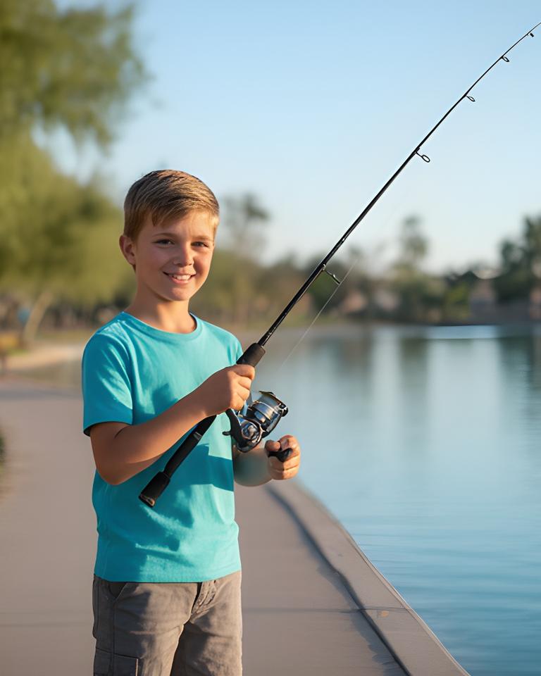 Young angler in Phoenix holding a starter fishing rod beside a calm lakeside path