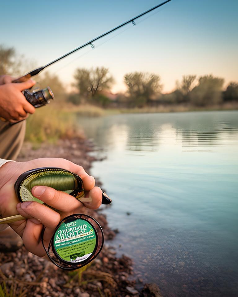 Clear Arizona lake shoreline with an angler holding a spool of sustainable fishing line at sunrise