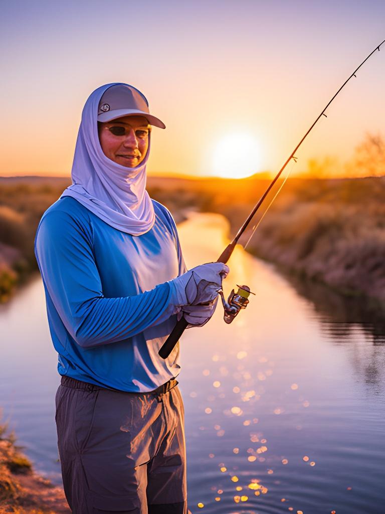 Angler wearing UV fishing apparel beside a bright Phoenix canal at sunset with a rod and sun-protective layers