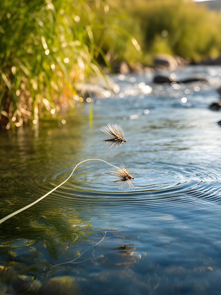 Fly line landing softly on the Verde River with a dry fly hovering above clear water and sunlit reeds