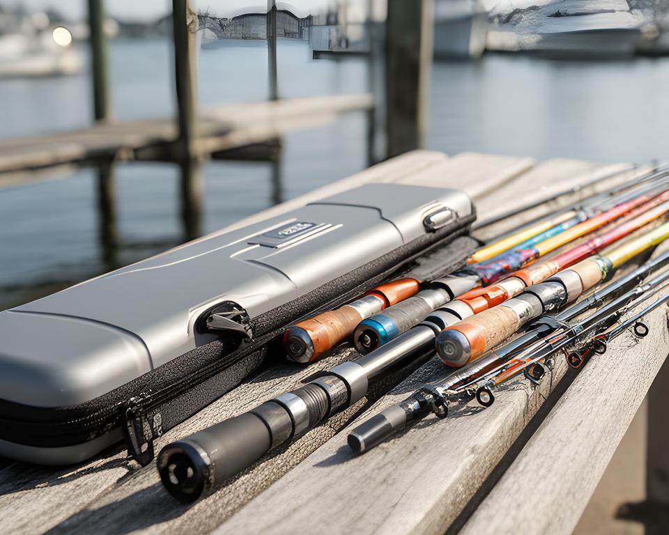 Foldable travel fishing rods and a protective case arranged on a marina bench
