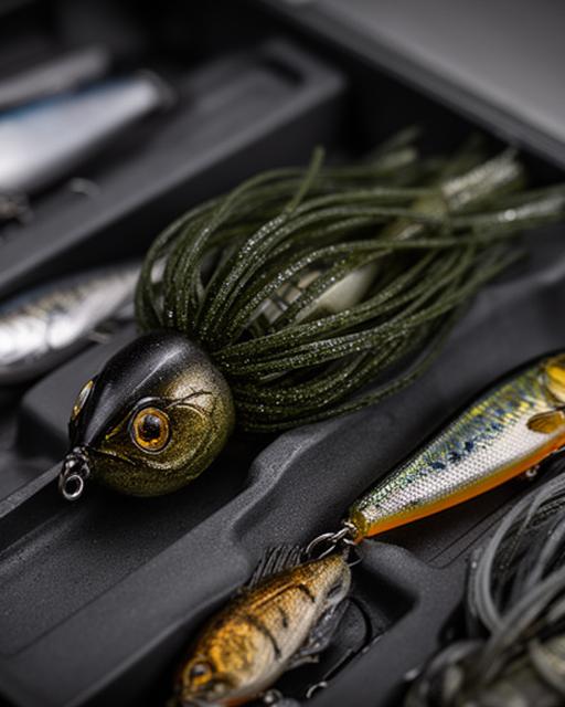 Heavy cover jig and trailer arranged on a tackle tray with dark green weed guard details