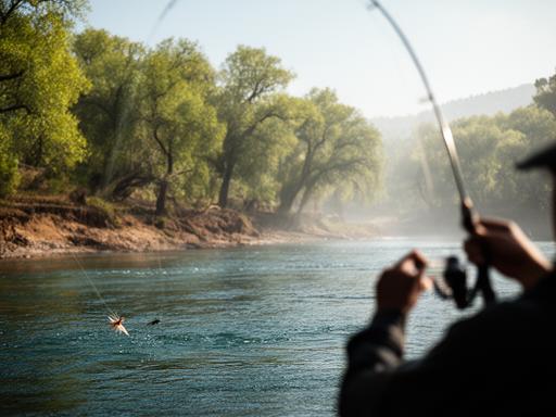 Fly angler casting custom flies on a river with cottonwoods in the background