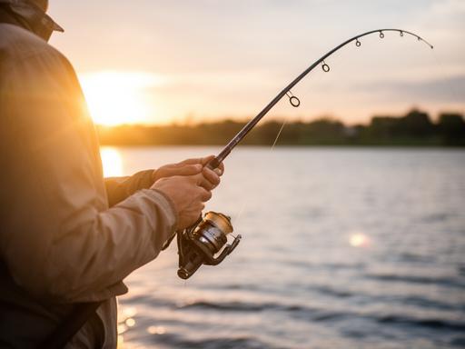 Tournament angler holding a repaired rod near the lake edge at sunrise