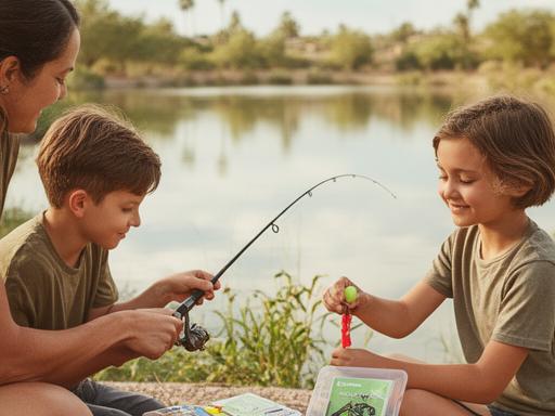 Parent and child assembling a beginner fishing kit beside a calm Phoenix pond