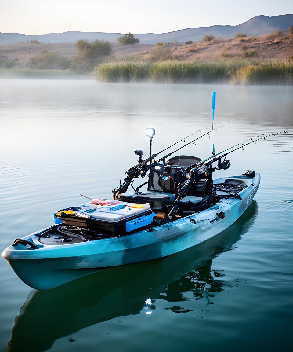 Kayak rigged with rod holders, tackle storage, and navigation lights on a calm Phoenix-area lake