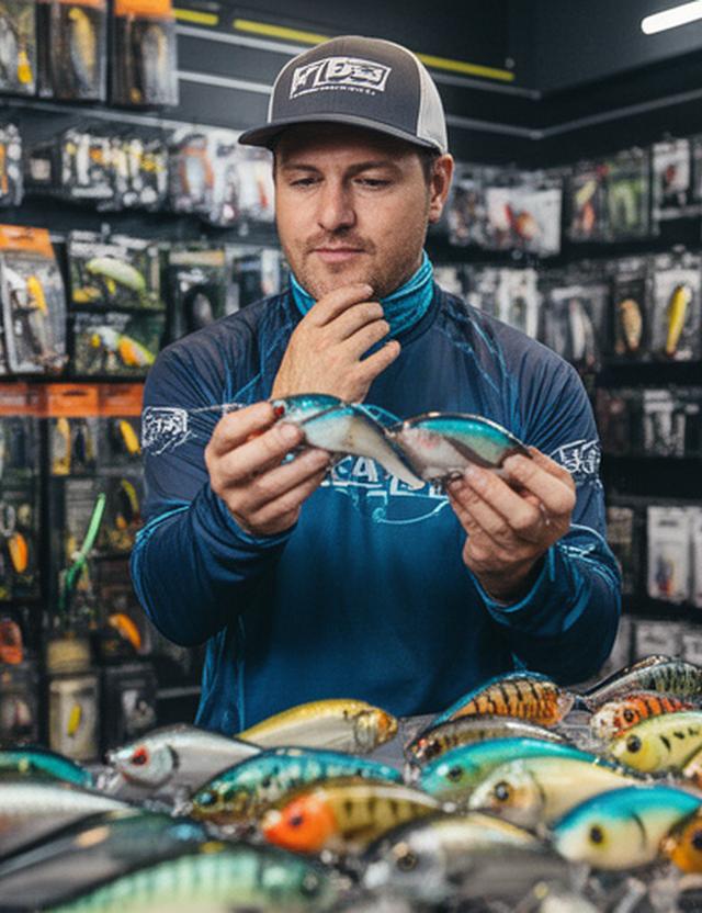 Tournament angler in a modern fishing store examining bass lures and bait packages
