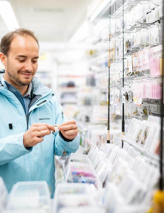 Fly fishing guide in a bright tackle aisle tying leaders and organizing fly boxes