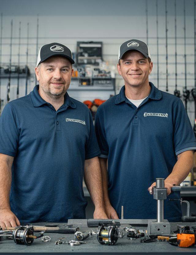 Owner and repair technician in a Phoenix tackle shop standing beside a rod repair bench