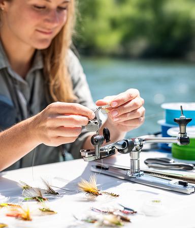 Sarah, a fly fishing specialist, tying custom flies at a bright worktable with river gear nearby