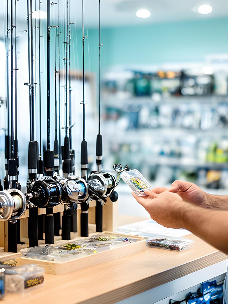 Fishing tackle counter in a bright Phoenix shop with organised rods, reels, and a customer reviewing printed store terms