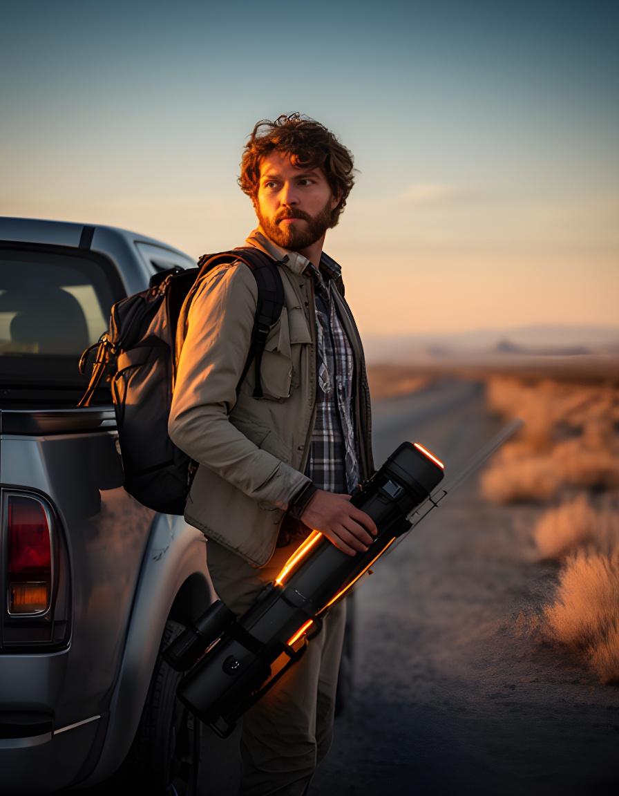 Traveller holding a compact rod case beside a pickup truck at sunrise near a desert highway